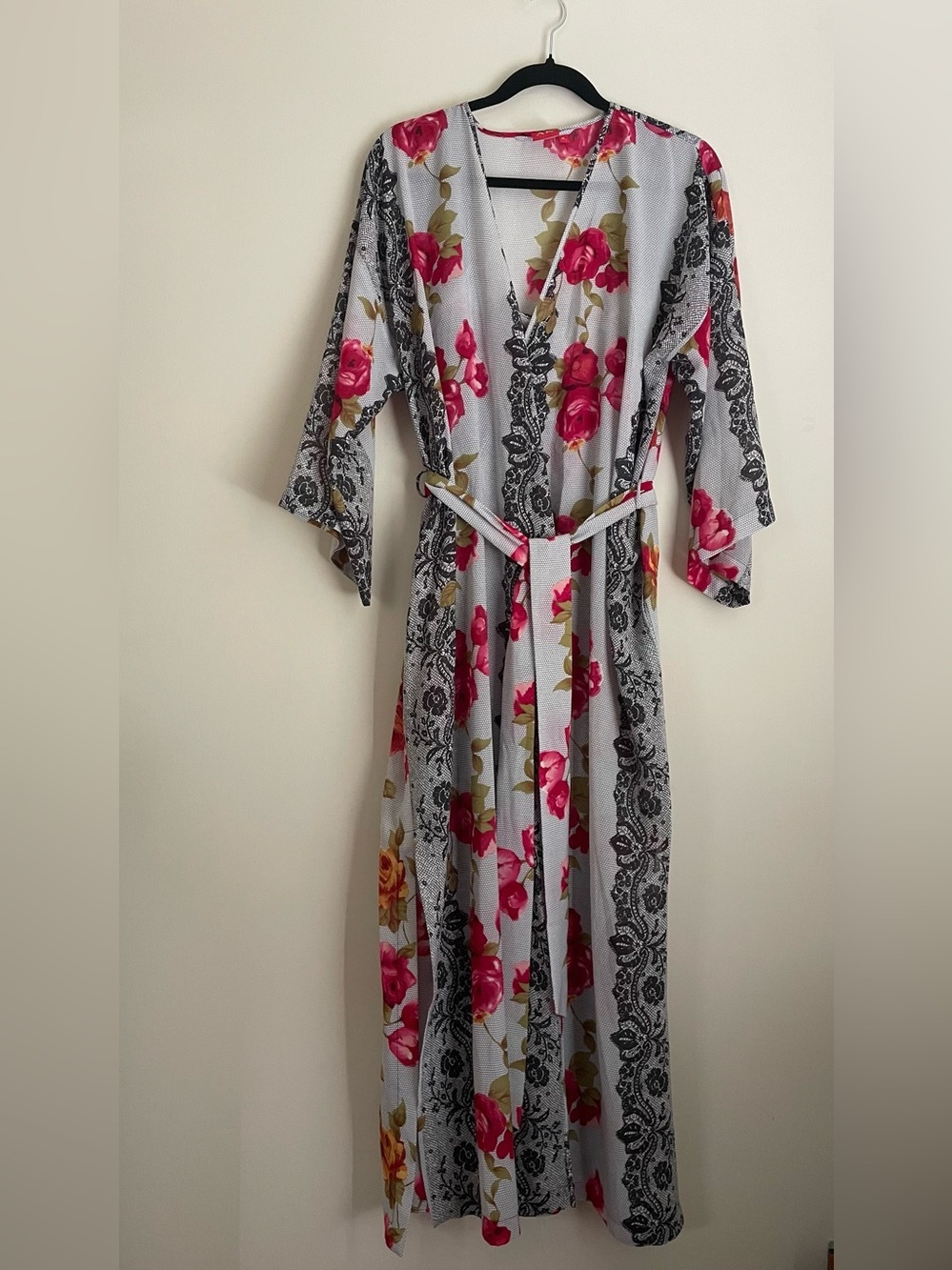 VTG Anne Klein Floral Robe And Slip Dress Set Size M Black Pink Ruffle W/ Slits